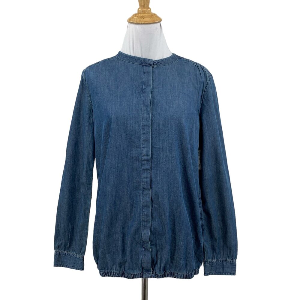 Gap 1969 Chambray Shirt Womens XS Extra Small Hidden Buttons Elastic Waist Top